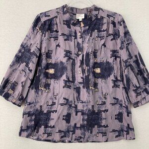 Parker‎ Purple Gray Abstract Print Pure Silk Button Popover Blouse Large Preppy